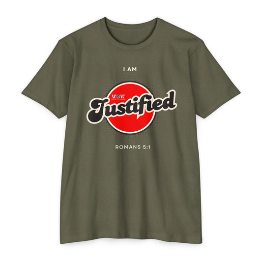 Justified Romans 5:1 Christian T-Shirt — I Am Collection — Wear the Identity Heaven Spoke Over You