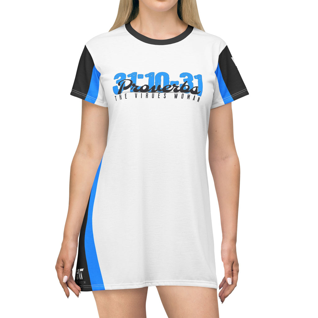 Blue & White Proverbs 31:10-31 T‑Shirt Dress — ‘God The Beginning And The End’— WoW — Words of Wisdom