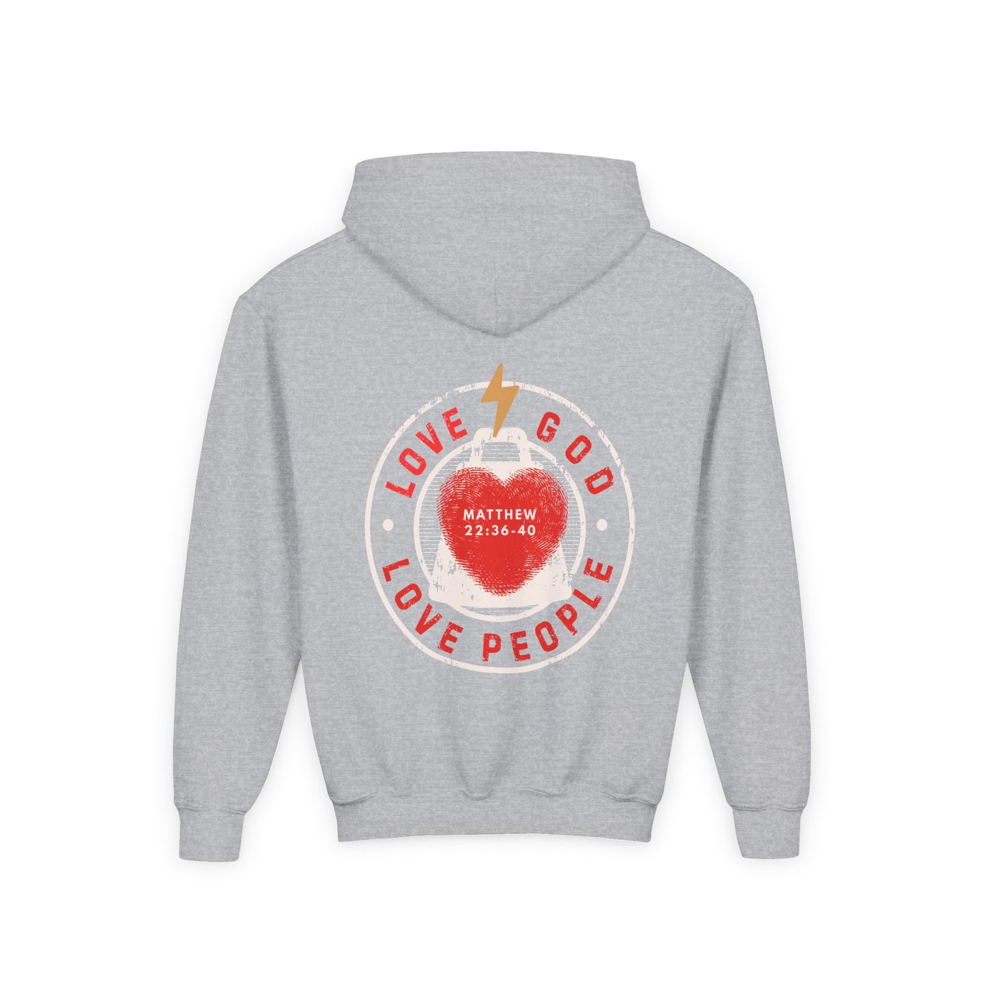 Youth Hoodie — "Love God, Love People" Christian Sweatshirt (Matthew 22:36-40)