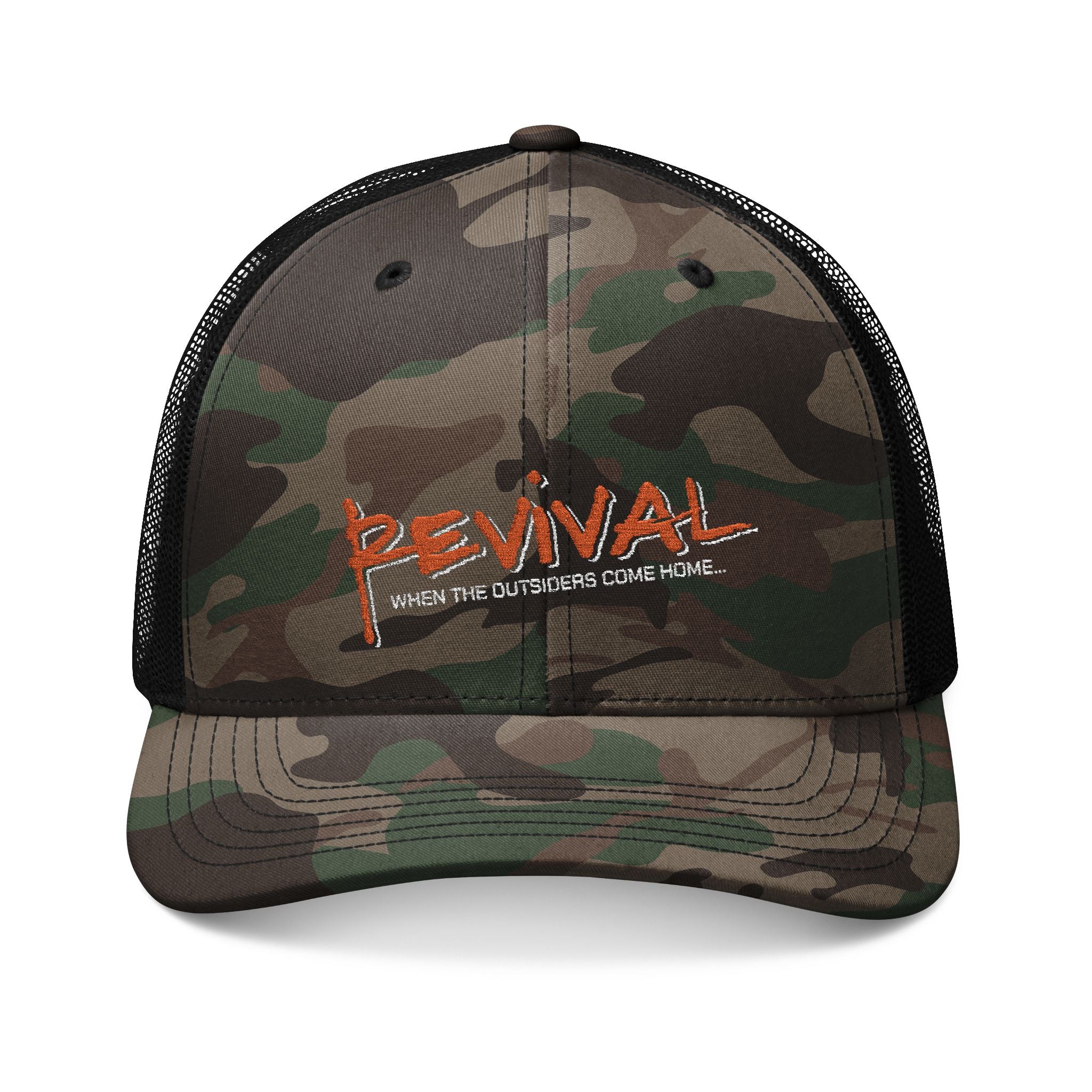 Revival Camouflage Trucker Hat – "Revival" Embroidered Camo Mesh Cap