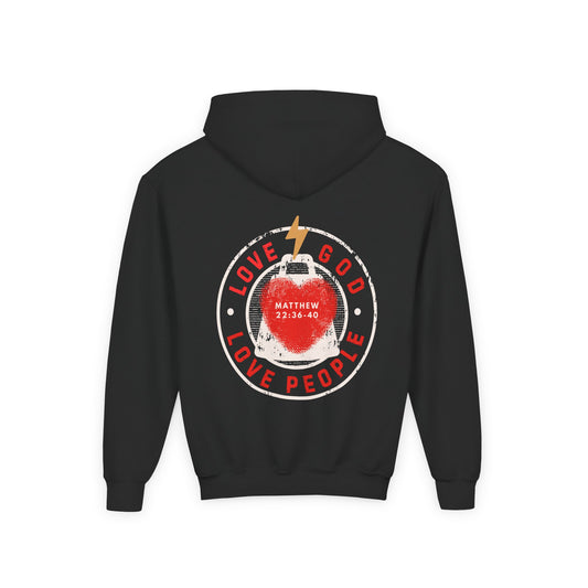 Youth Hoodie — "Love God, Love People" Christian Sweatshirt (Matthew 22:36-40)