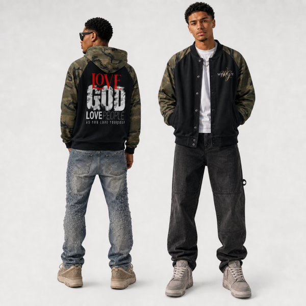 Love God, love people Camo-Splice Raglan Zip Hoodie
