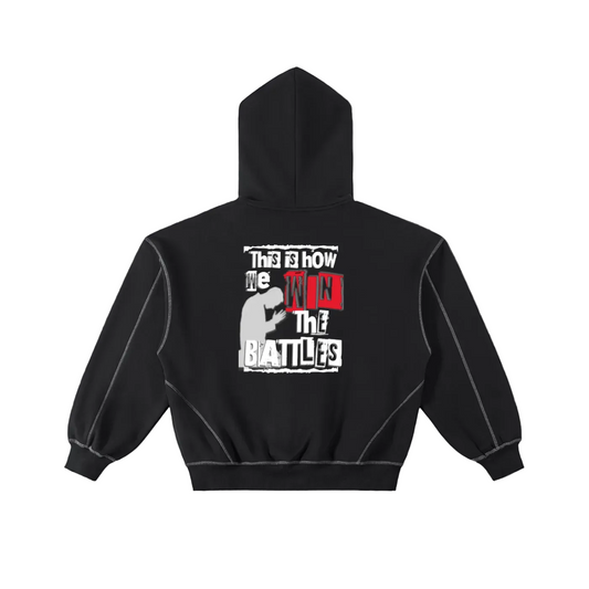 How We Win the Battle Contrast-Stitched Zip-Up Hoodie